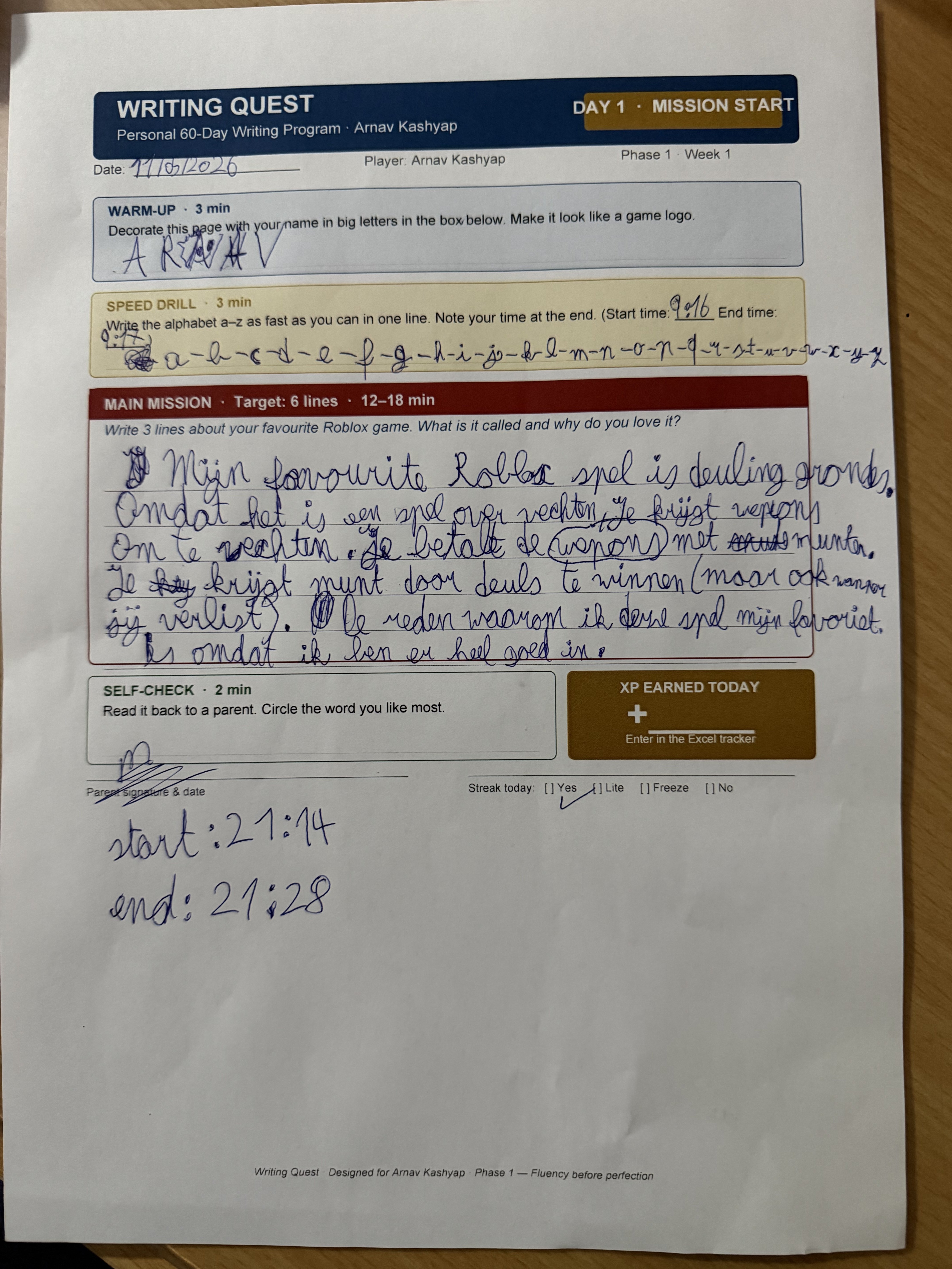 Arnav's Day 1 worksheet — Mission Start