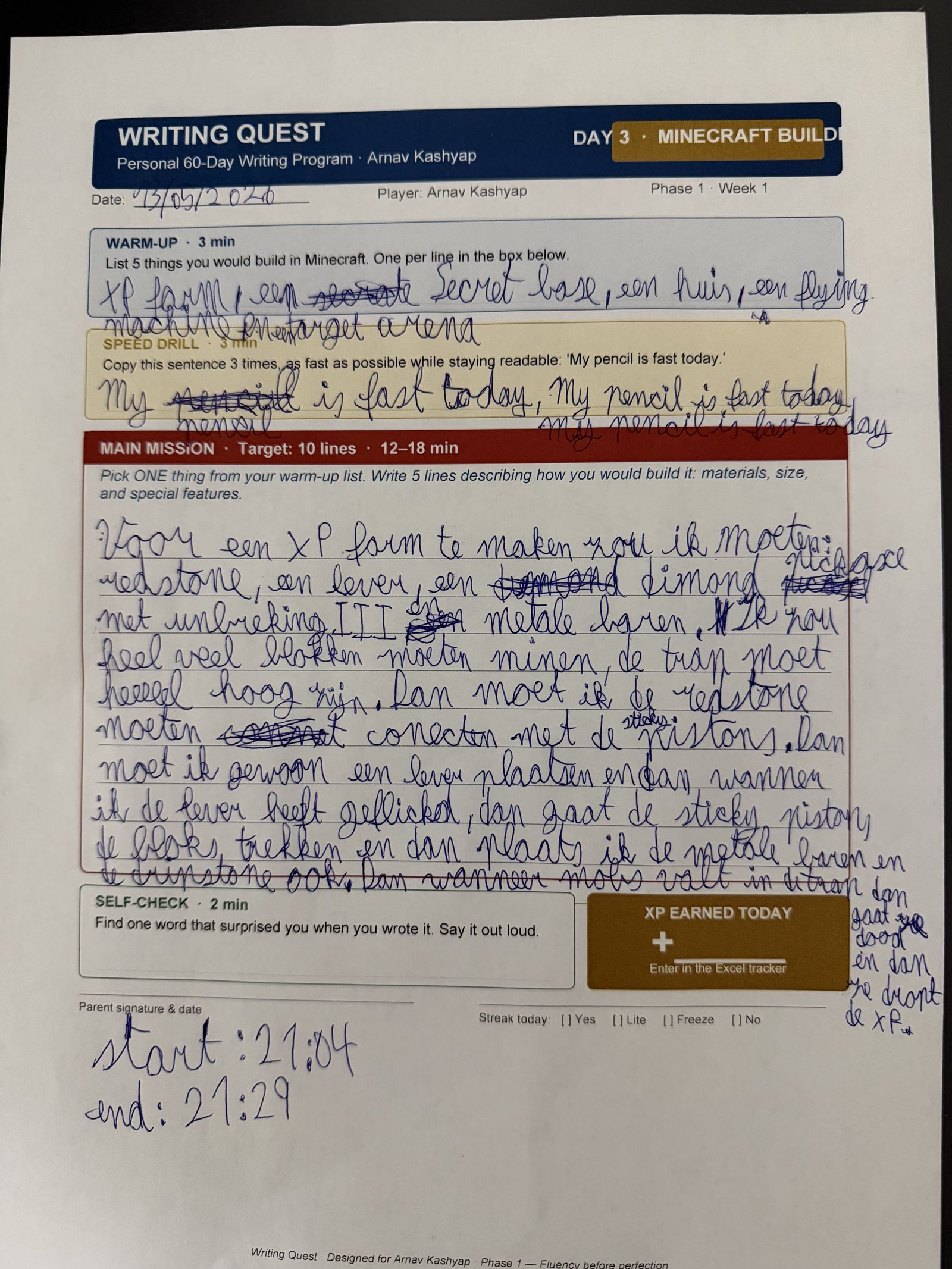 Arnav's Day 3 worksheet — Minecraft Builder