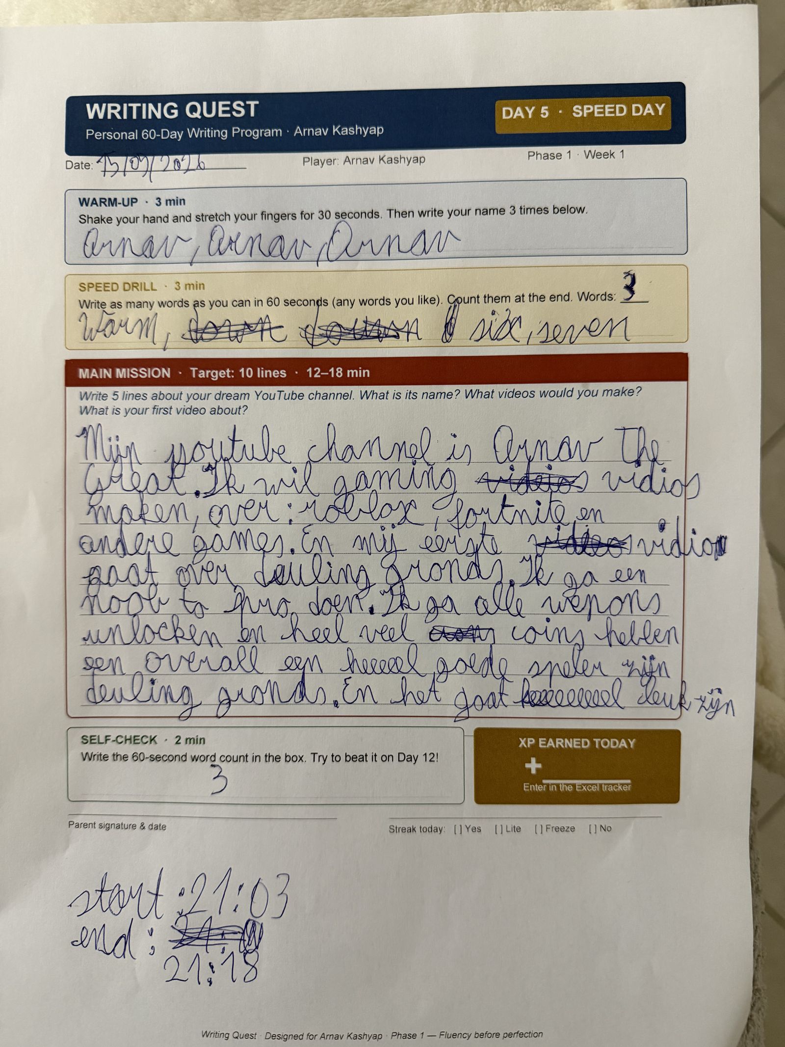 Arnav's Day 5 worksheet — Speed Day