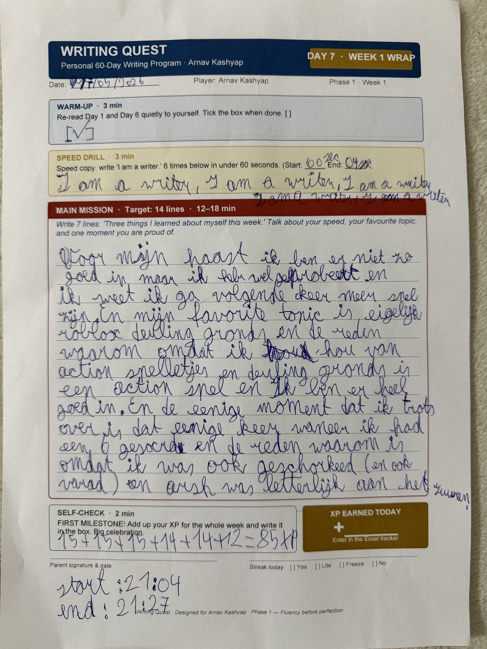 Arnav's Day 7 worksheet — Week 1 Wrap