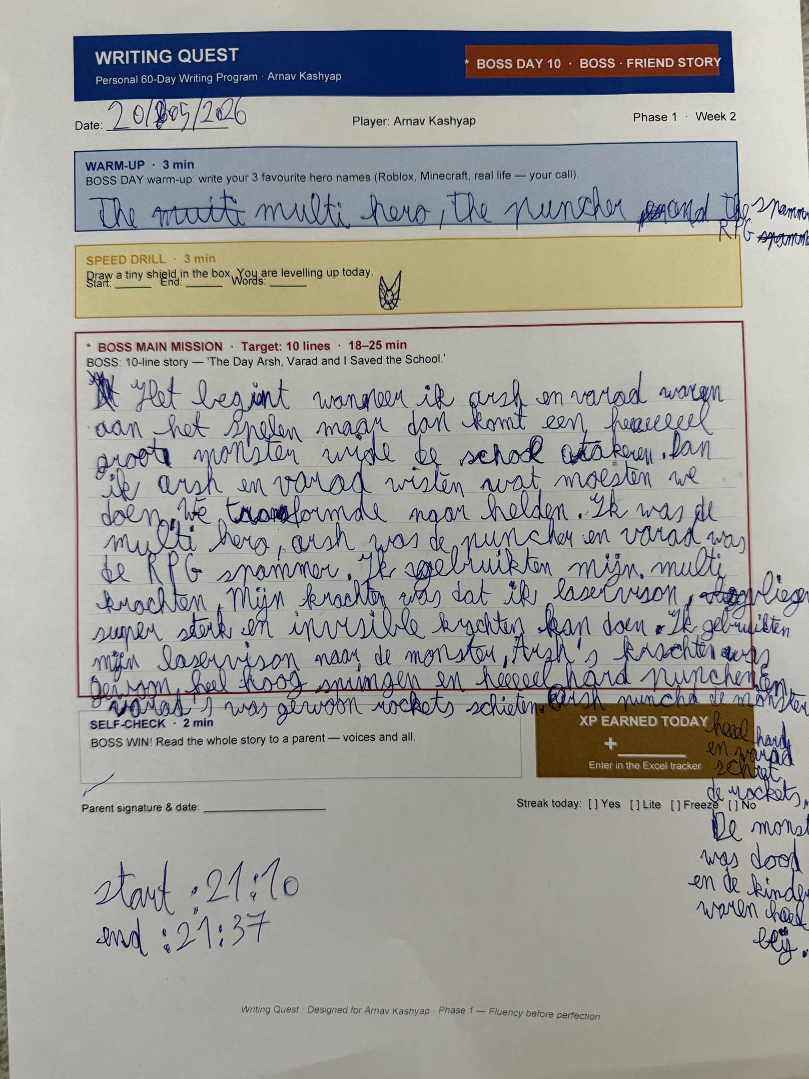 Arnav's Day 10 worksheet — Boss · Friend Story