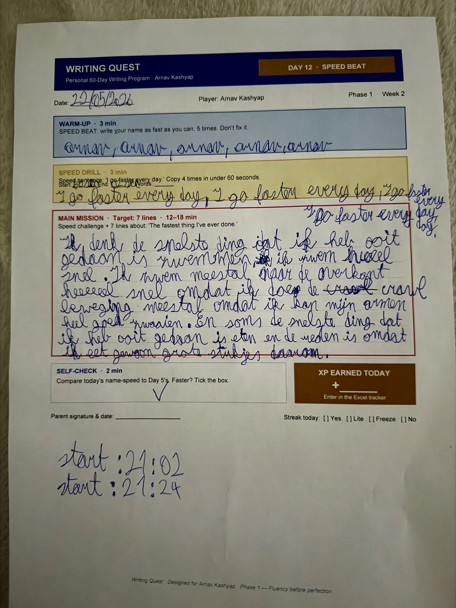 Arnav's Day 12 worksheet — Speed Beat