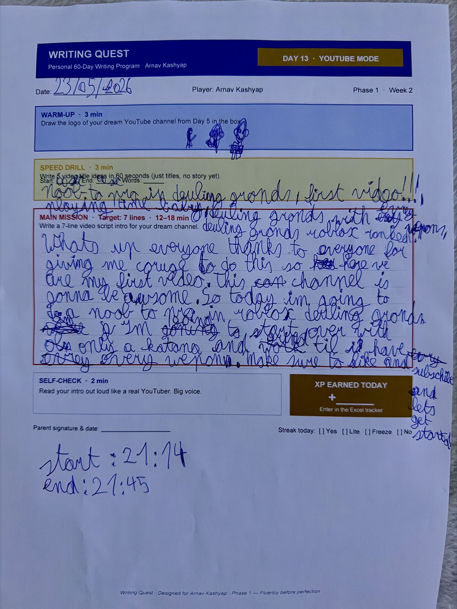 Arnav's Day 13 worksheet — YouTube Mode
