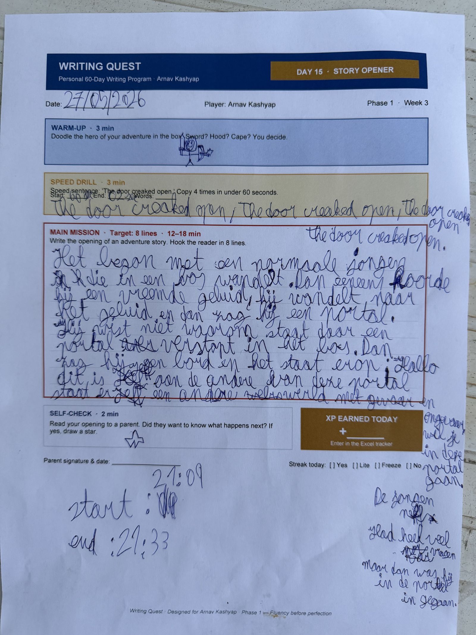 Arnav's Day 15 worksheet — Story Opener