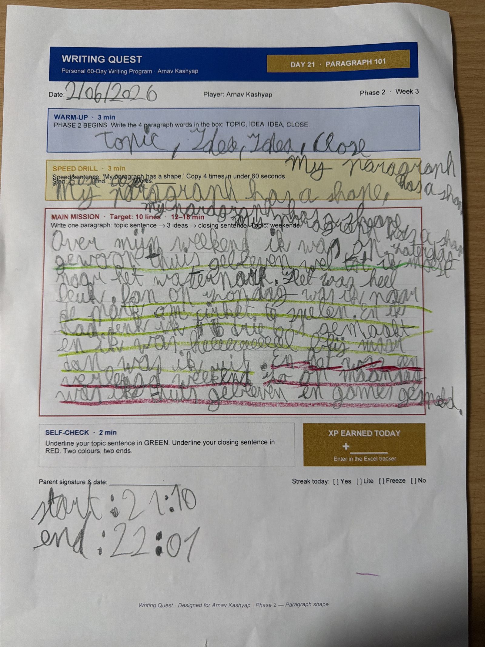 Arnav's Day 21 worksheet — Paragraph 101