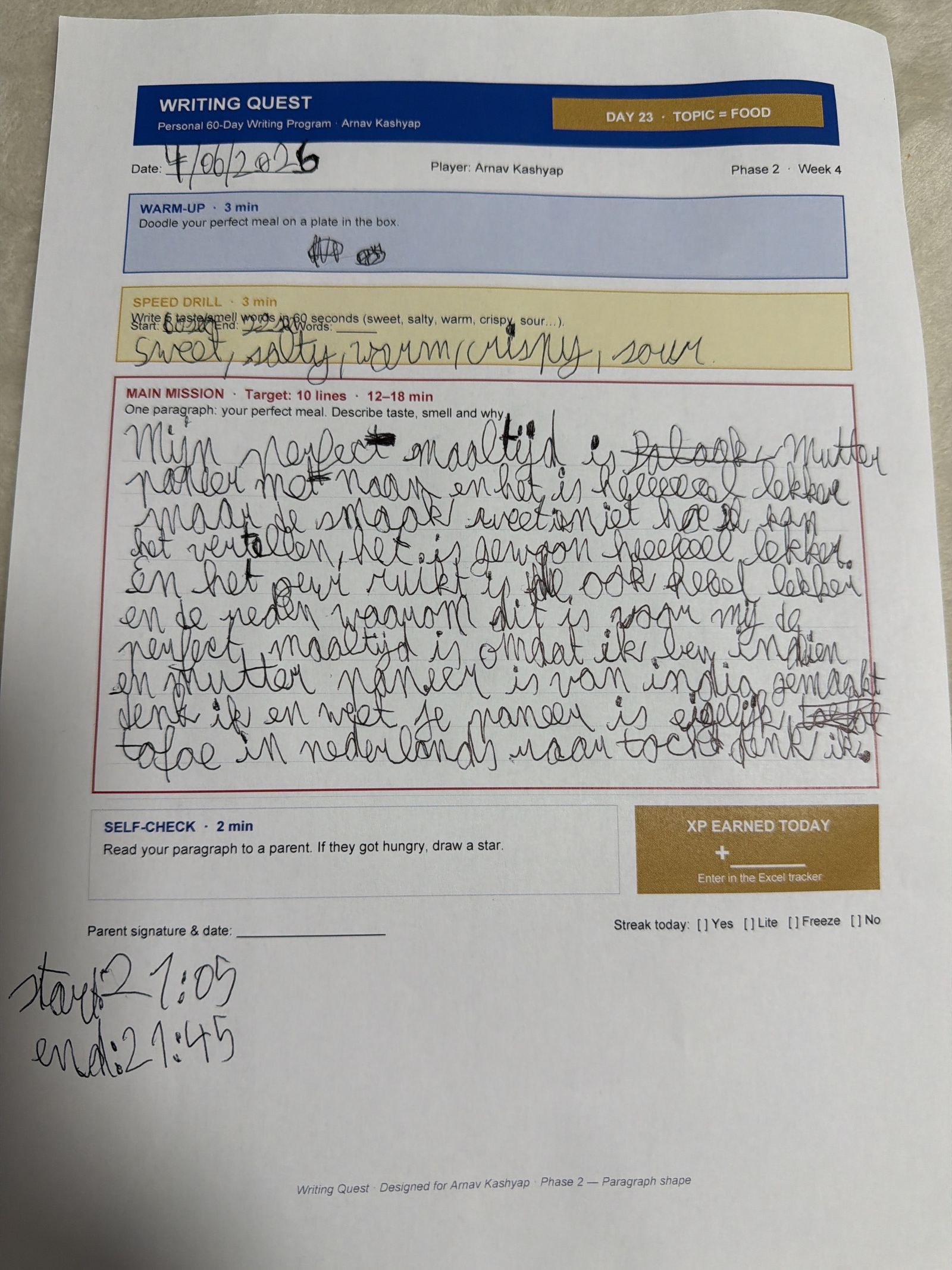Arnav's Day 23 worksheet — Topic = Food