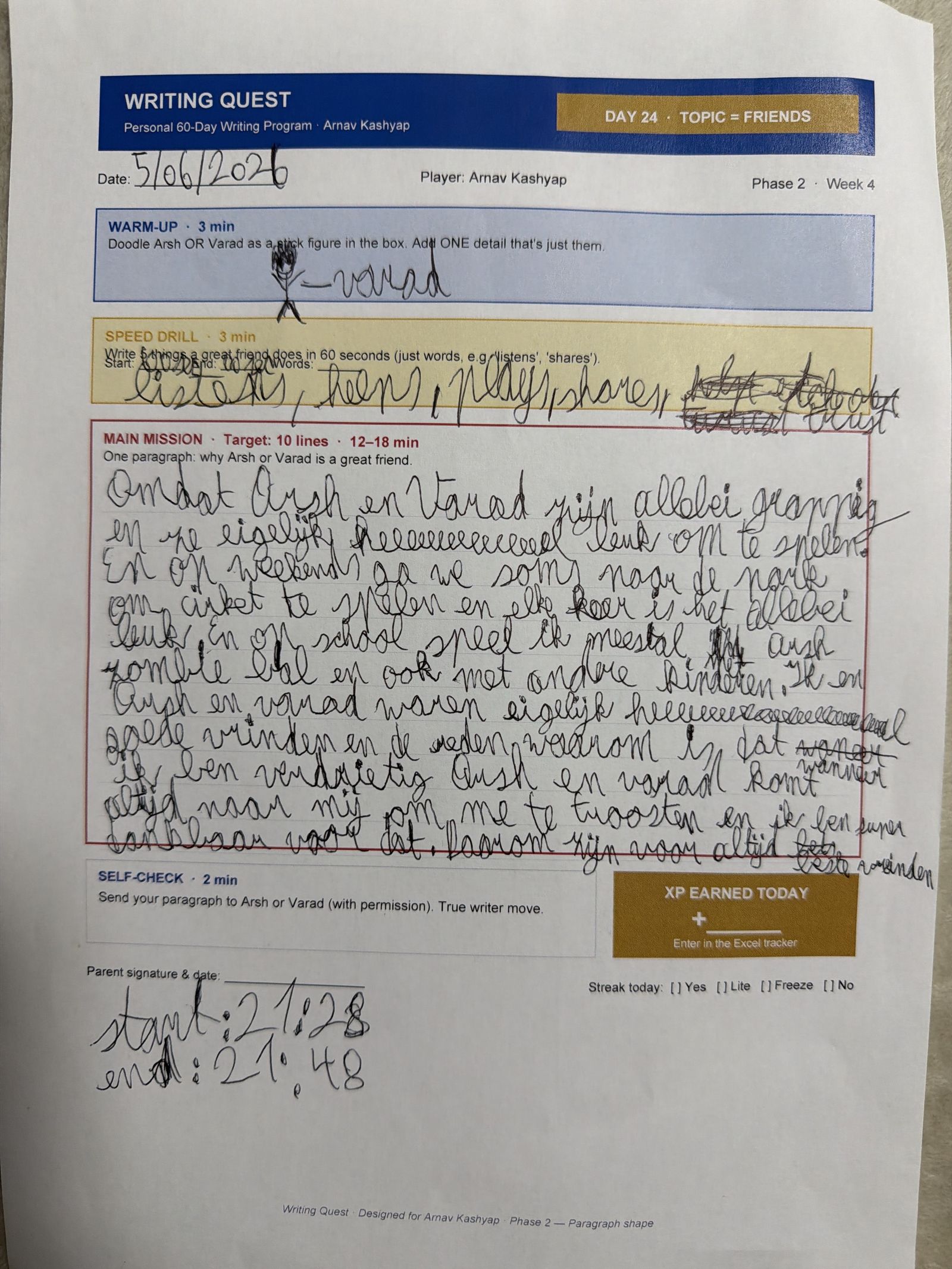 Arnav's Day 24 worksheet — Topic = Friends