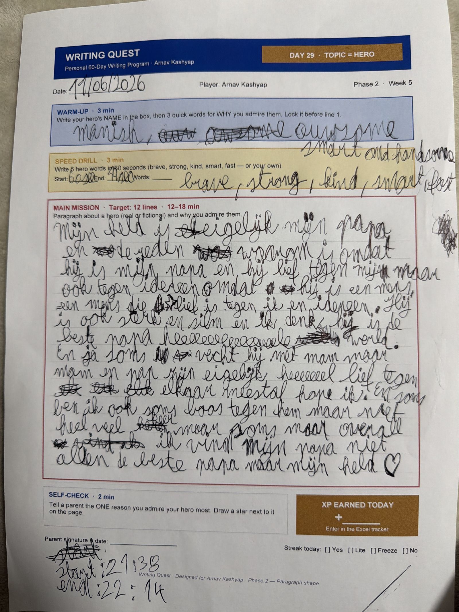 Arnav's Day 29 worksheet — Topic = Hero