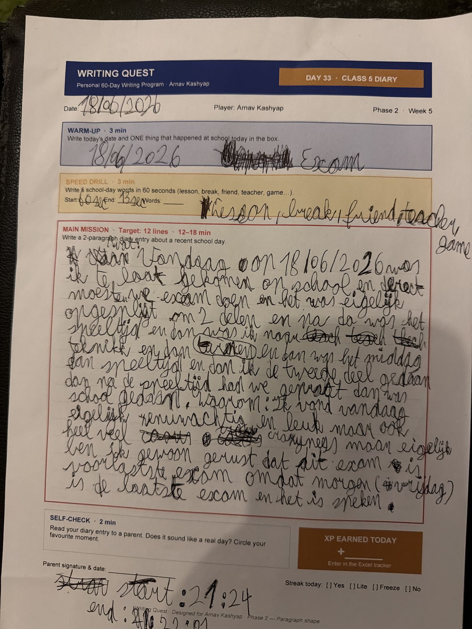 Arnav's Day 33 worksheet — Class 5 Diary