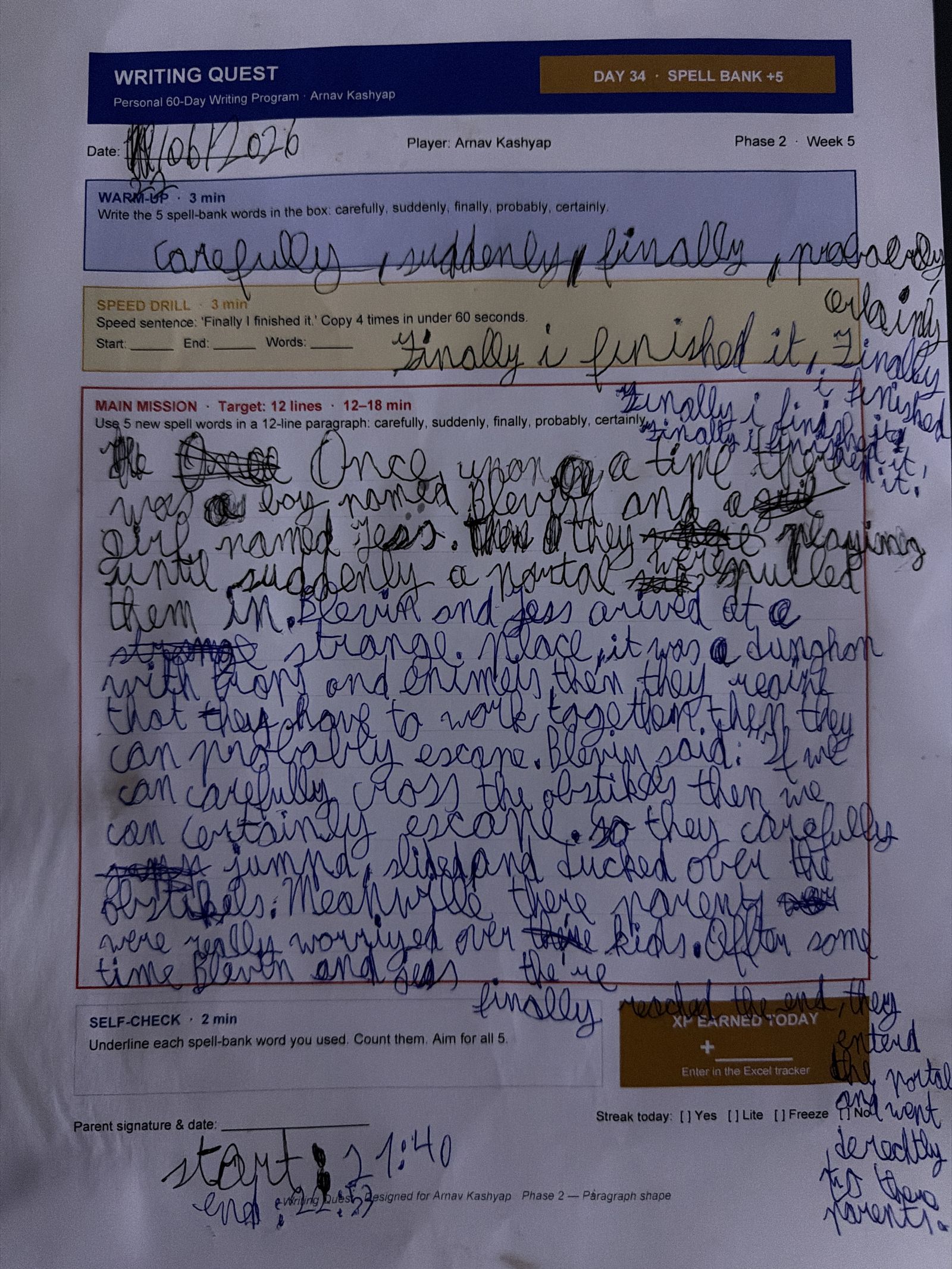 Arnav's Day 34 worksheet — Spell Bank +5
