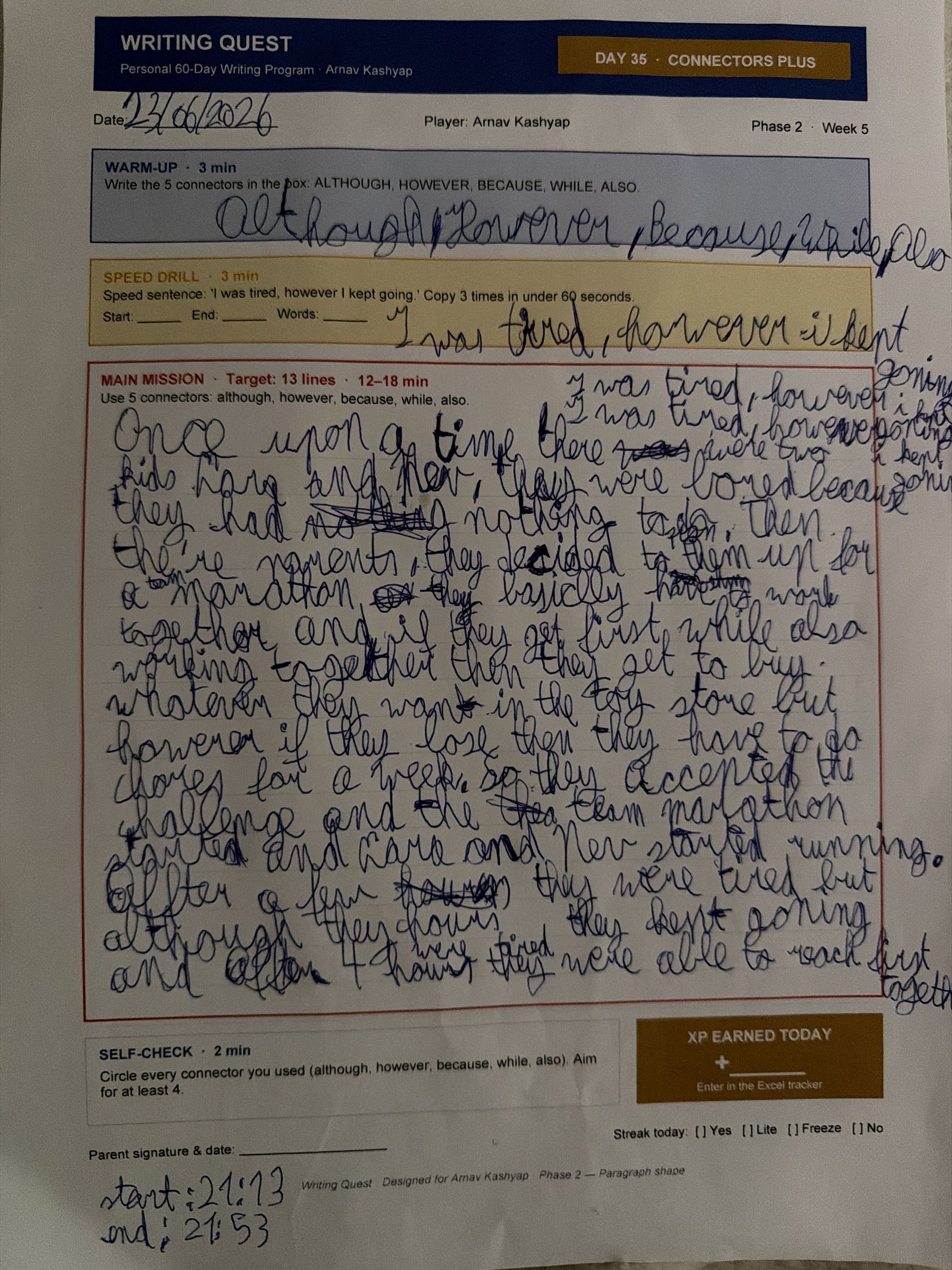 Arnav's Day 35 worksheet — Connectors Plus