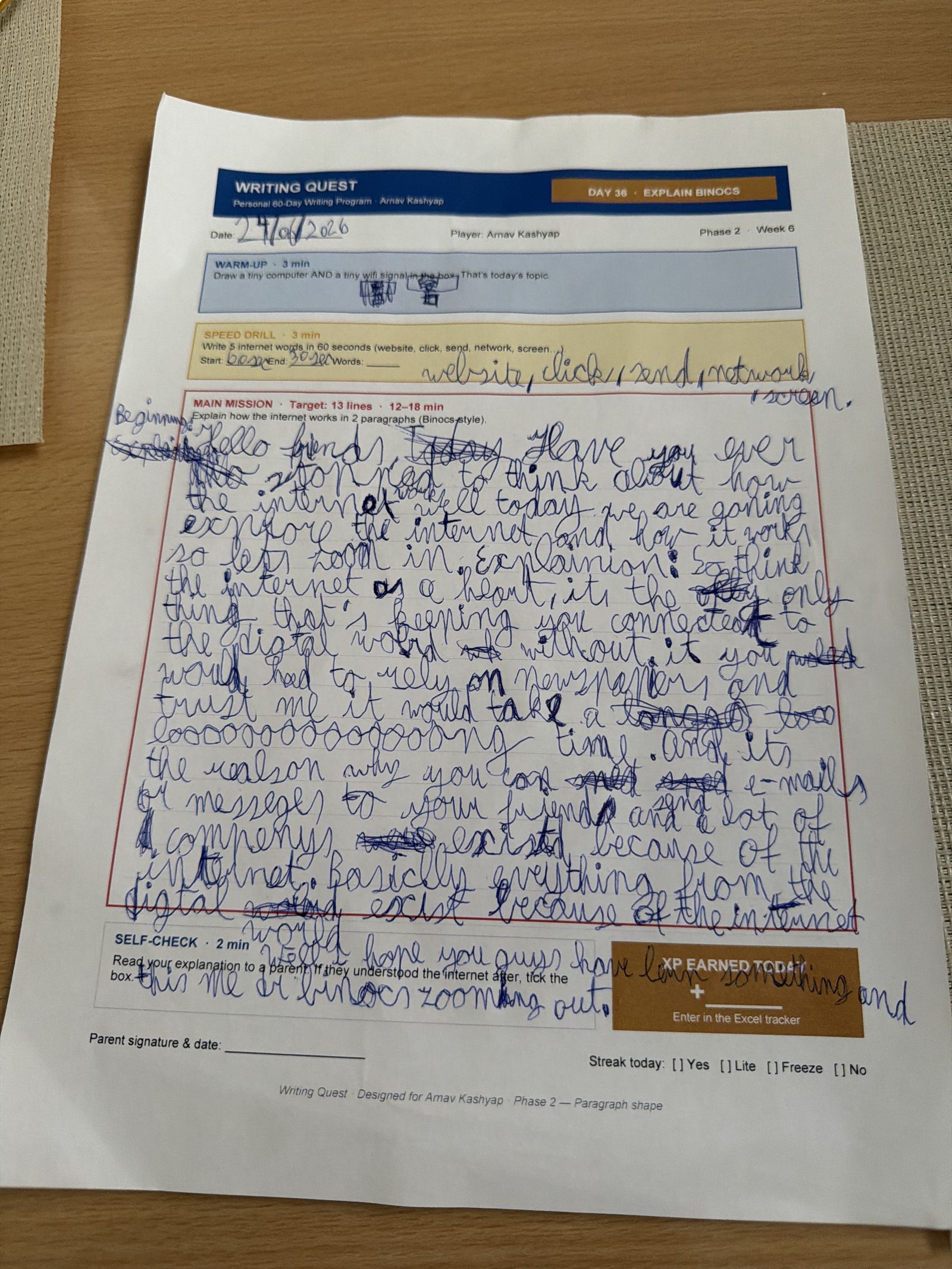 Arnav's Day 36 worksheet — Explain Binocs
